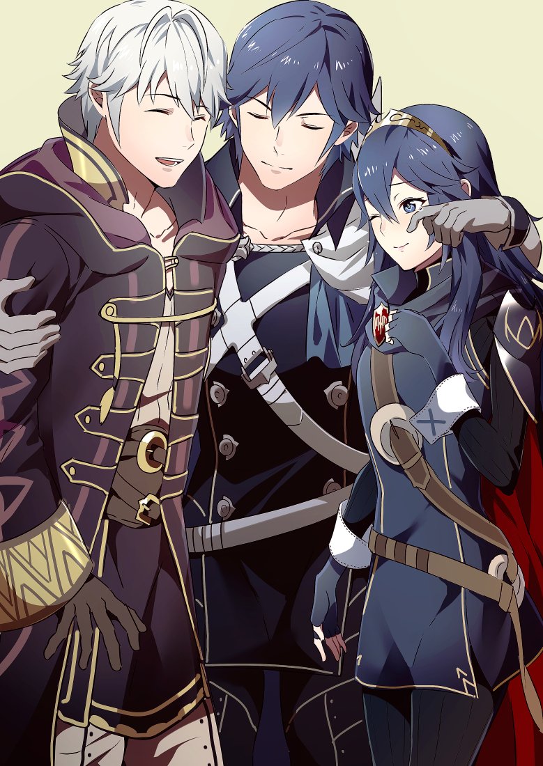 1girl 2boys ameno_(a_meno0) belt black_robe black_sweater blue_eyes blue_gloves blue_hair brown_belt chrom_(fire_emblem) closed_eyes closed_mouth father_and_daughter fingerless_gloves fire_emblem fire_emblem_awakening gloves grey_gloves hair_between_eyes hood hood_down long_hair long_sleeves lucina_(fire_emblem) multiple_boys one_eye_closed open_mouth ribbed_sweater robe robin_(fire_emblem) robin_(male)_(fire_emblem) short_hair smile sweater tearing_up teeth tiara turtleneck turtleneck_sweater upper_teeth_only white_belt white_hair