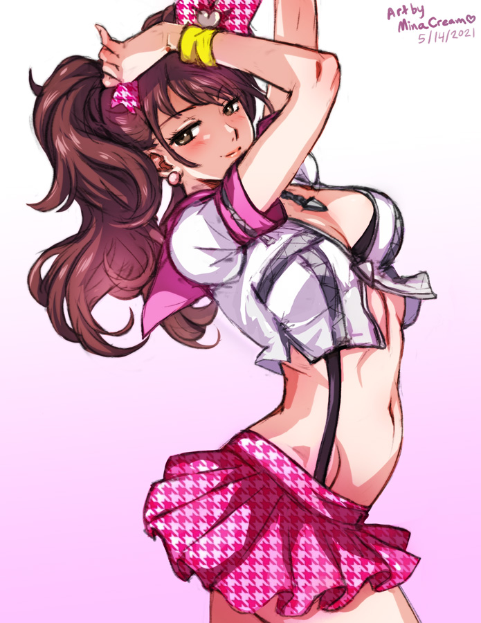 1girl artist_name blush breasts brown_eyes brown_hair cleavage closed_mouth commentary dated english_commentary hair_ribbon kujikawa_rise long_hair looking_at_viewer medium_breasts midriff mina_cream miniskirt navel official_alternate_costume persona persona_4 persona_4:_dancing_all_night pink_ribbon pink_skirt ribbon shirt short_sleeves skirt smile solo stomach suspenders twintails white_shirt