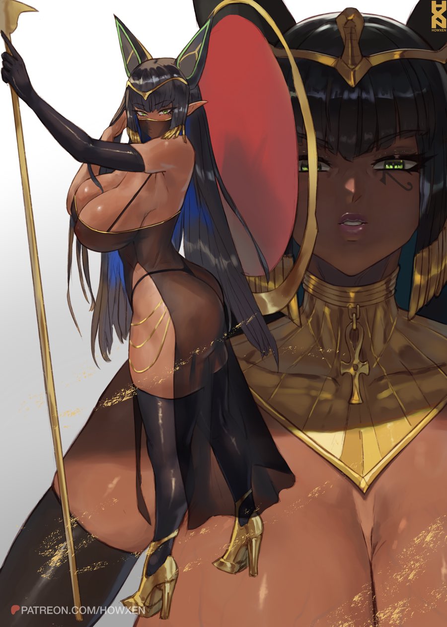 1girl animal_ears ass breasts crown dark_skin dress elbow_gloves eye_tattoo fox_ears gloves gold_trim high_heels highres holding holding_staff howxen large_breasts last_origin long_hair multiple_views pointy_ears see-through see-through_dress sekhmet_of_death staff thighhighs thong very_long_hair yellow_eyes