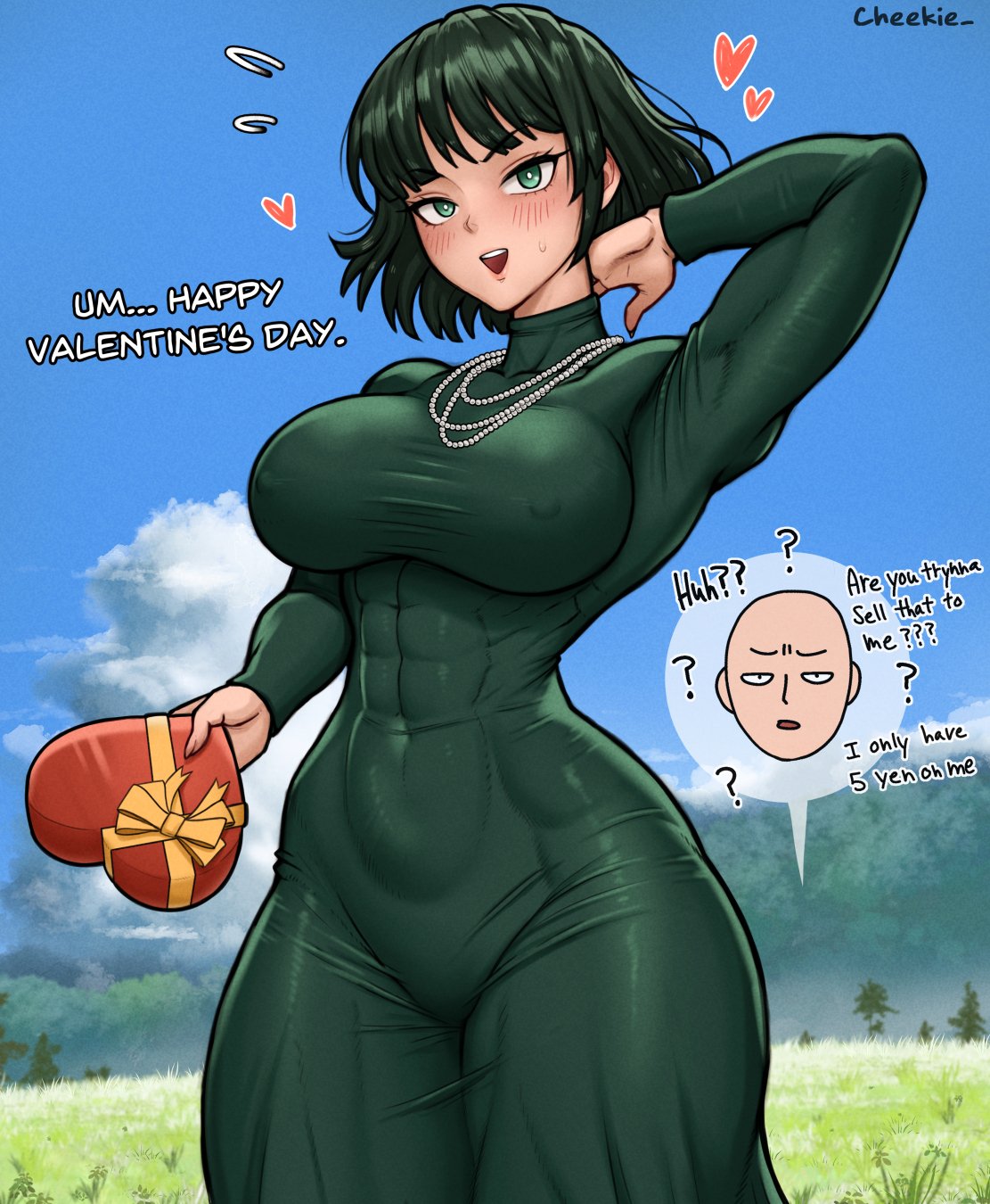 1boy 1girl ? abs bald blue_sky blush box cheekie cloud covered_nipples fubuki_(one-punch_man) gift green_eyes green_hair heart heart-shaped_box highres holding holding_gift muscular muscular_female nipples one-punch_man saitama_(one-punch_man) signature sky sweat tight_clothes valentine