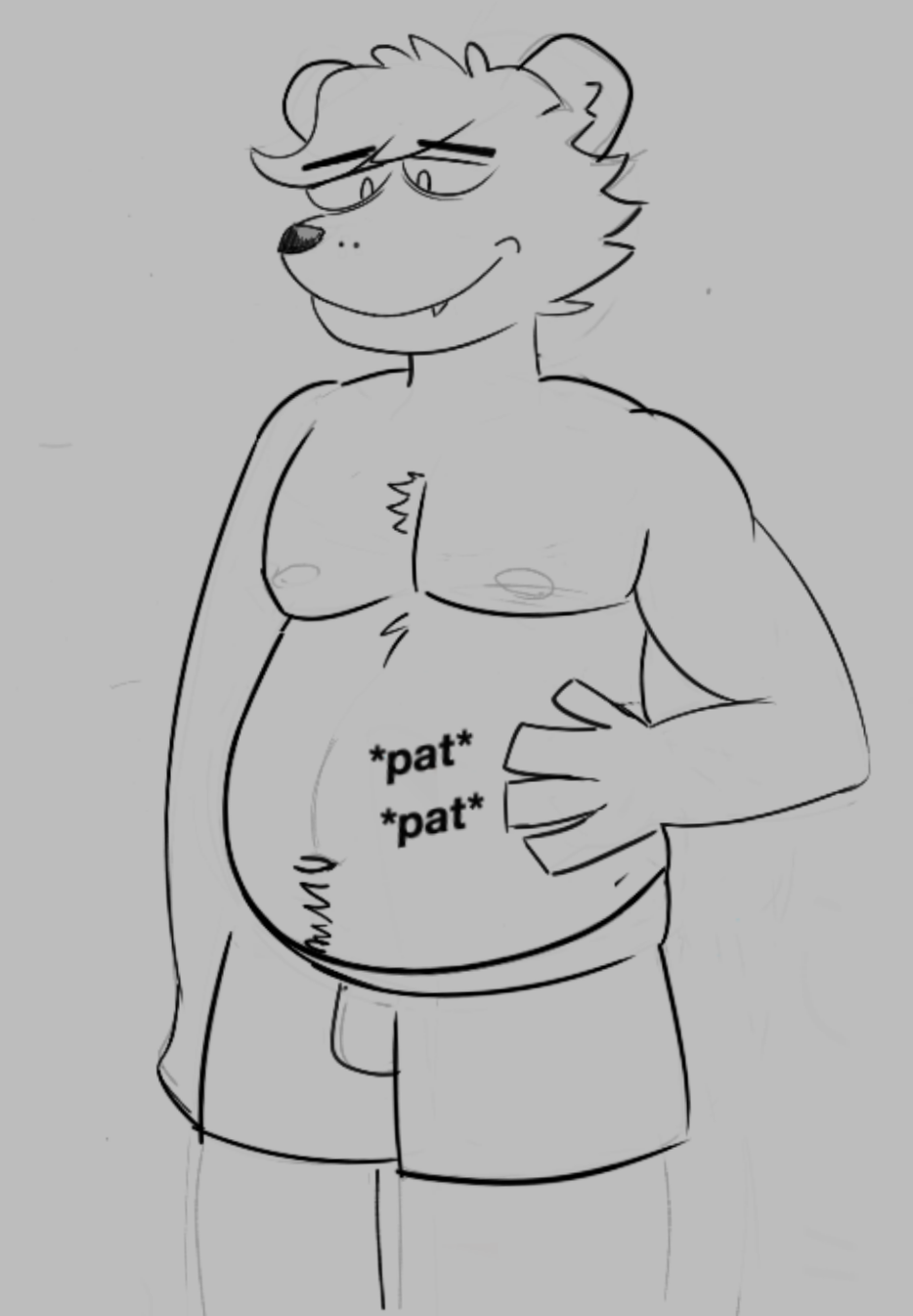 anthro bear belly belly_pat big_belly body_hair boxers_(clothing) bulge chadzadd chest_hair clothing fluffy fluffy_hair hair hand_on_stomach happy_trail hi_res male mammal nipples pecs simple_background sketch smile solo solo_focus underwear