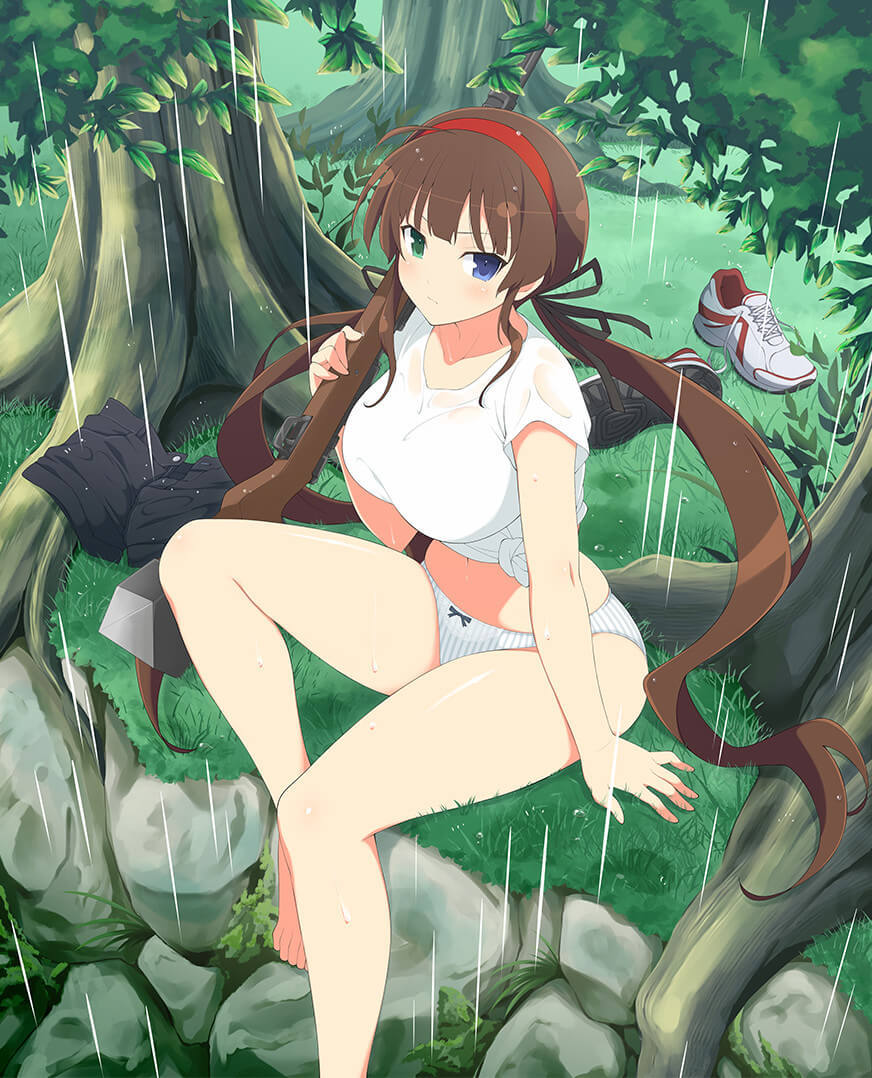 1girl ahoge arm_support bare_legs barefoot black_ribbon blue_eyes blunt_bangs blush bow bow_panties breasts brown_hair curvy grass green_eyes groin gun hairband hebijo_academy_uniform heterochromia holding holding_gun holding_weapon large_breasts leaf long_hair looking_at_viewer low_twintails official_art outdoors panties plant rain red_hairband ribbon rifle rock roots ryoubi_(senran_kagura) senran_kagura senran_kagura_new_wave senran_kagura_shinovi_versus shiny_skin shirt shoes sitting skindentation sneakers sniper_rifle solo striped_clothes striped_panties tied_shirt tree twintails underwear unworn_shoes very_long_hair water_drop weapon wet wet_clothes wet_shirt white_footwear white_panties yaegashi_nan