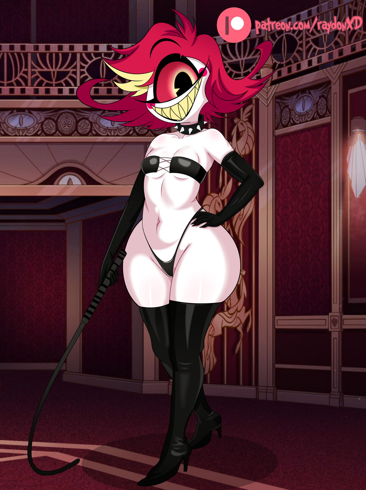 breasts clothing cyclops dominatrix female footwear hair hazbin_hotel hi_res high_heels holding_object holding_whip legwear niffty_(hazbin_hotel) not_furry panties raydonxd red_hair sharp_teeth small_breasts solo teeth thick_thighs thigh_highs underwear whip white_body