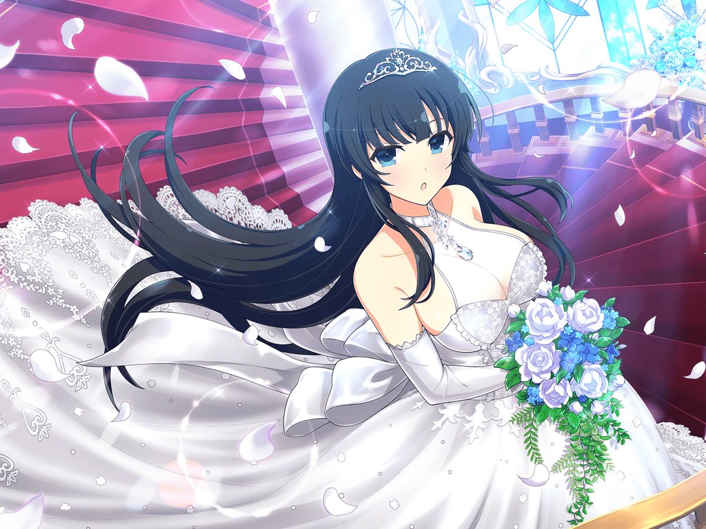 1girl :o armpit_crease banister bare_shoulders black_hair blue_eyes blue_flower blue_rose blush bouquet breasts bride center_frills choker cleavage dress elbow_gloves falling_petals floral_print flower frilled_dress frills gloves hime_cut holding holding_bouquet ikaruga_(senran_kagura) indoors jewelry lace-trimmed_dress lace-trimmed_gloves lace_trim large_breasts leaf lens_flare lens_flare_abuse light_particles light_rays long_hair looking_at_viewer official_alternate_costume official_art open_mouth pendant petals plant red_carpet rose senran_kagura senran_kagura_new_link senran_kagura_shoujo-tachi_no_shin'ei solo sparkle spiral_staircase stained_glass stairs tiara very_long_hair wedding_dress white_choker white_dress white_flower white_gloves white_petals white_rose yaegashi_nan