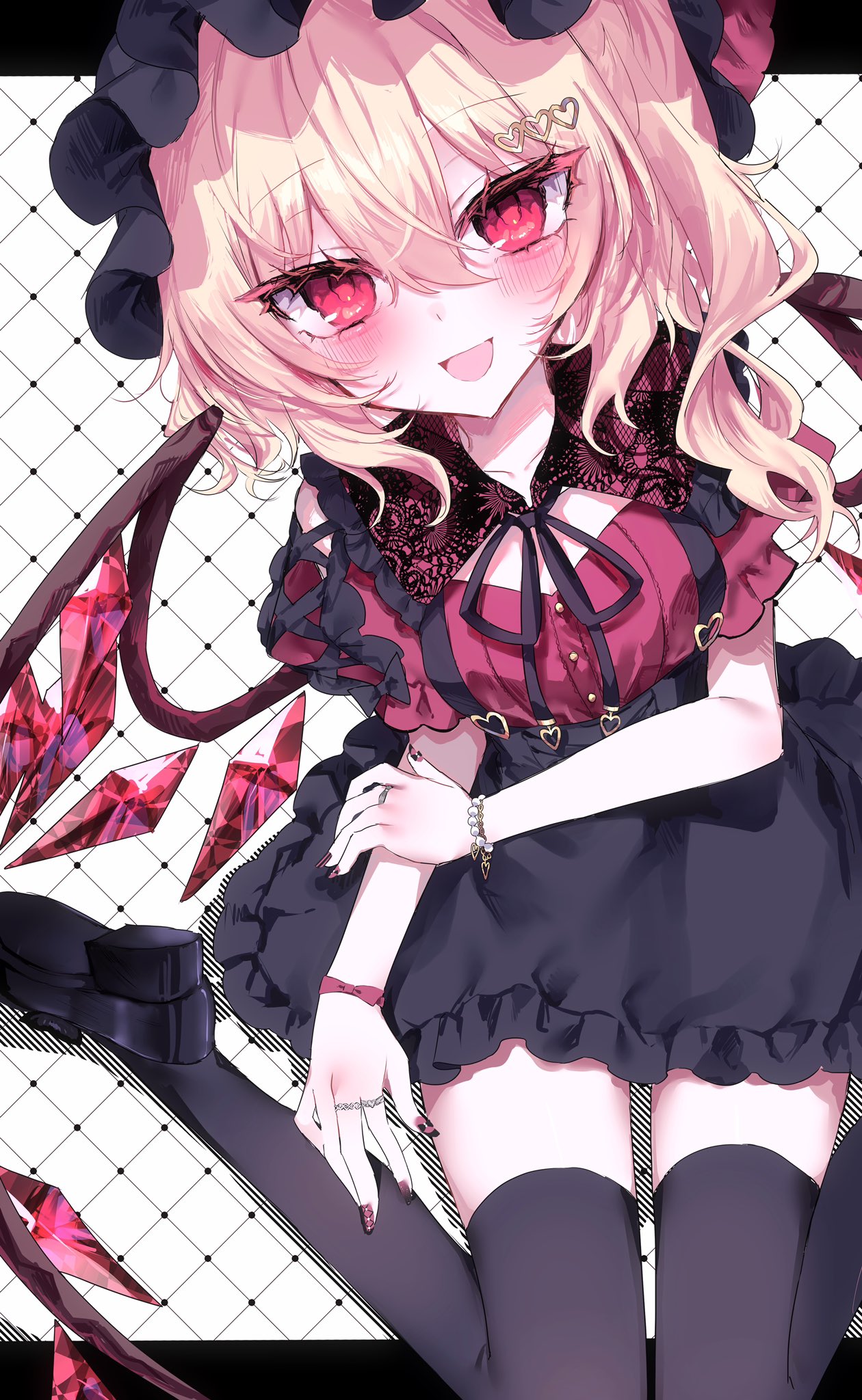 1girl :d alternate_costume black_border black_footwear black_headwear black_ribbon black_thighhighs blonde_hair blush border bow bracelet collarbone colored_eyelashes commentary crystal eyelashes flandre_scarlet foot_out_of_frame frilled_shirt_collar frilled_skirt frills hair_ornament hat heart heart_hair_ornament high-waist_skirt highres jewelry jirai_kei looking_at_viewer medium_hair mob_cap nail_polish neck_ribbon off-shoulder_shirt off_shoulder open_mouth red_bow red_eyes red_nails red_shirt ribbon ring rori82li shirt shoe_soles shoes side_ponytail simple_background sitting skirt smile solo suspender_skirt suspenders thighhighs touhou tsurime wariza wavy_hair white_background wings wrist_bow zettai_ryouiki