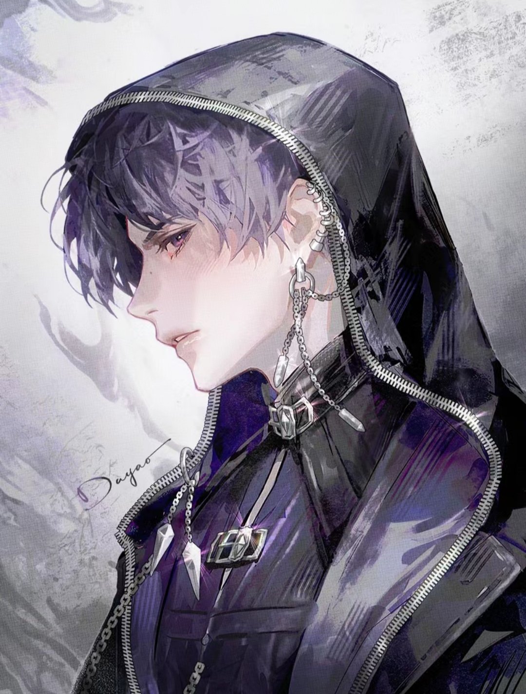 1boy bishounen buckle chain cloak closed_mouth ear_piercing earrings from_side grey_background high_collar highres hood hood_up hooded_cloak jewelry long_sleeves looking_at_viewer love_and_deepspace male_focus mole mole_on_nose multiple_piercings nagi_reooo parted_lips piercing pink_eyes purple_eyes purple_hair rafayel_(love_and_deepspace) signature silver_trim simple_background skin_tight solo two-tone_background two-tone_eyes white_background zipper