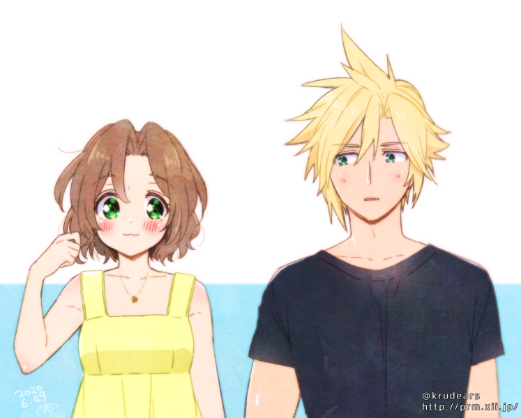 1boy 1girl :3 aerith_gainsborough alternate_hair_length alternate_hairstyle aqua_eyes artist_name bare_arms bare_shoulders black_shirt blonde_hair blush breasts brown_hair cloud_strife dated dress final_fantasy final_fantasy_vii final_fantasy_vii_remake green_eyes hair_between_eyes hand_in_own_hair jewelry krudears looking_at_another medium_breasts necklace parted_bangs parted_lips shirt short_hair short_sleeves sleeveless sleeveless_dress spiked_hair t-shirt twitter_username web_address yellow_dress