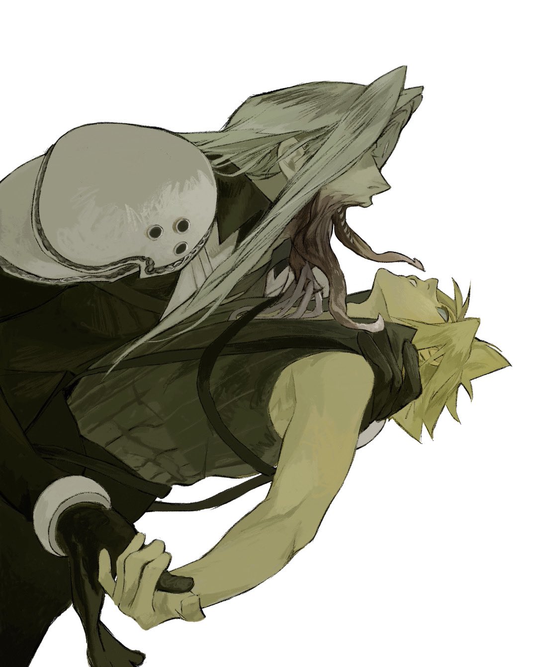 2boys armor black_coat black_gloves black_pants blonde_hair blue_eyes body_horror carrying carrying_person cloud_strife coat final_fantasy final_fantasy_vii gloves grey_hair hand_on_another's_shoulder high_collar highres holding_hands imminent_vore leaning_back leaning_forward long_bangs long_hair long_sleeves male_focus multiple_boys open_mouth pants parted_bangs parted_lips pauldrons sephiroth short_hair shoulder_armor shoulder_strap simple_background sleeveless spiked_hair white_background xscr1205 yaoi