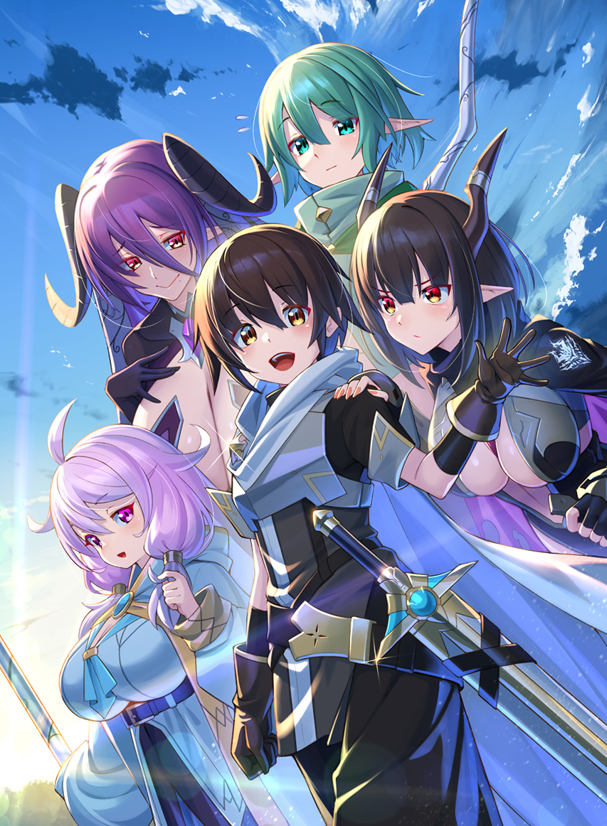 1boy 4girls ahoge aqua_eyes black_gloves black_hair black_horns black_shrug blue_robe bow_(weapon) breasts brown_eyes brown_hair cleavage closed_mouth cloud copyright_request demon_girl elf fingerless_gloves flying_sweatdrops gloves green_eyes hair_between_eyes hand_on_another's_shoulder hand_on_own_chest holding holding_staff hood hood_down hooded_robe horns large_breasts mole mole_under_mouth multiple_girls official_art open_mouth pink_eyes pointy_ears purple_hair red_eyes robe sheath sheathed shrug_(clothing) sky smile staff sword takamine_nadare weapon