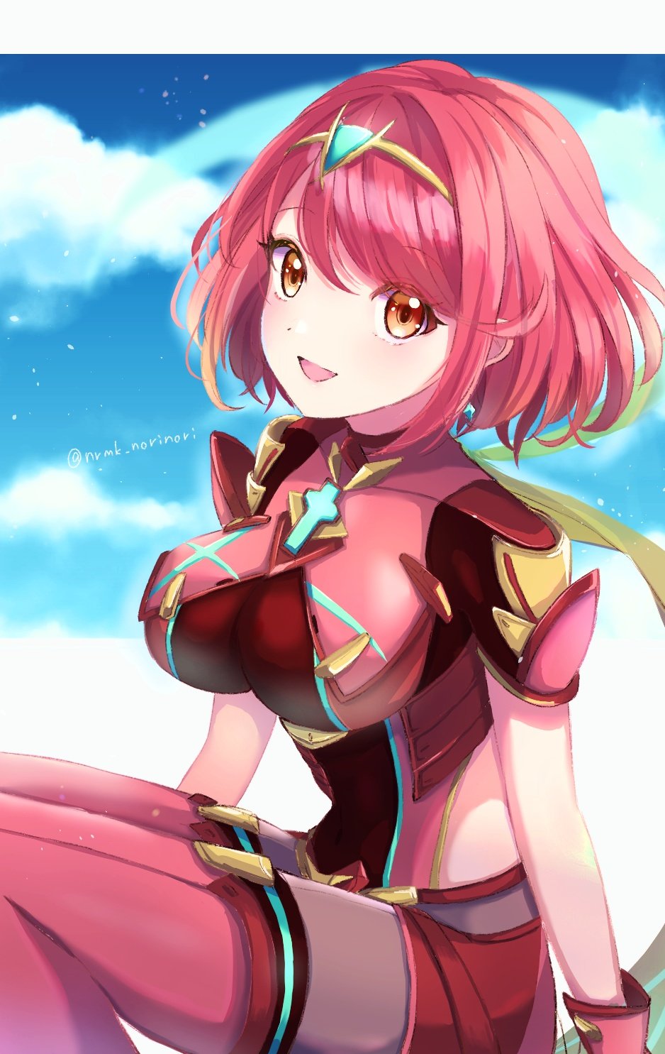 1girl bangs black_gloves breasts chest_jewel earrings fingerless_gloves gem gloves headpiece highres jewelry large_breasts norimaki_(nrmk_norinori) pyra_(xenoblade) red_eyes red_hair red_shorts short_hair short_shorts shorts solo swept_bangs thighhighs tiara xenoblade_chronicles_(series) xenoblade_chronicles_2