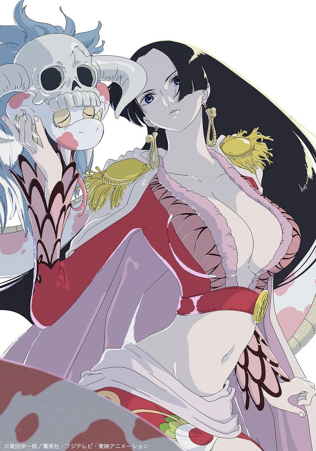 1girl black_hair boa_hancock breasts cape cleavage crop_top earrings epaulettes frilled_sleeves frills highres hood hooded_cape jewelry kojima_takashi looking_at_viewer one_piece salome_(one_piece) simple_background snake snake_earrings solo third-party_source white_background white_cape