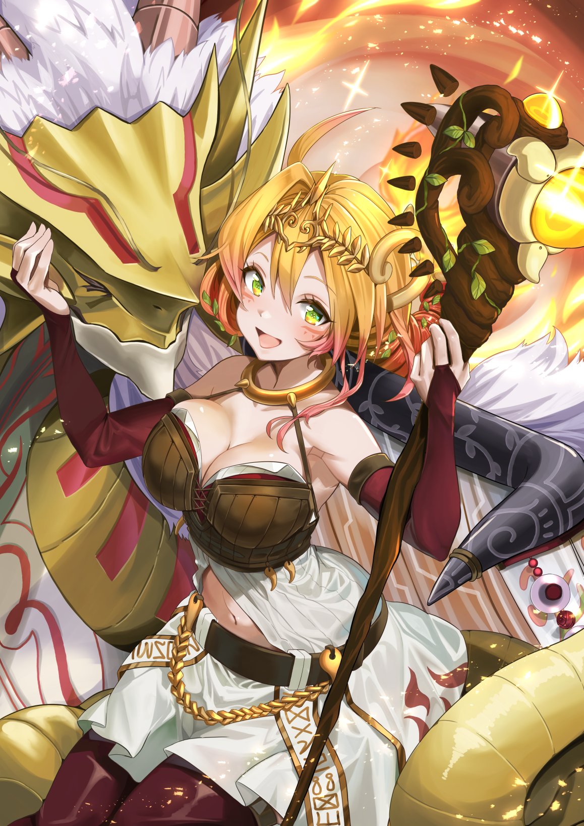 1girl ayamo_kaoru bare_shoulders belt blush breasts bridal_gauntlets cleavage commission crop_top dress duel_monster elbow_gloves gloves green_eyes hair_ornament highres holding holding_staff large_breasts long_hair navel open_clothes open_dress open_mouth orange_hair petting pleated_skirt ponytail ritual_beast_ulti-nochiudrago skirt smile spiritual_beast_tamer_lara staff tiara yu-gi-oh!