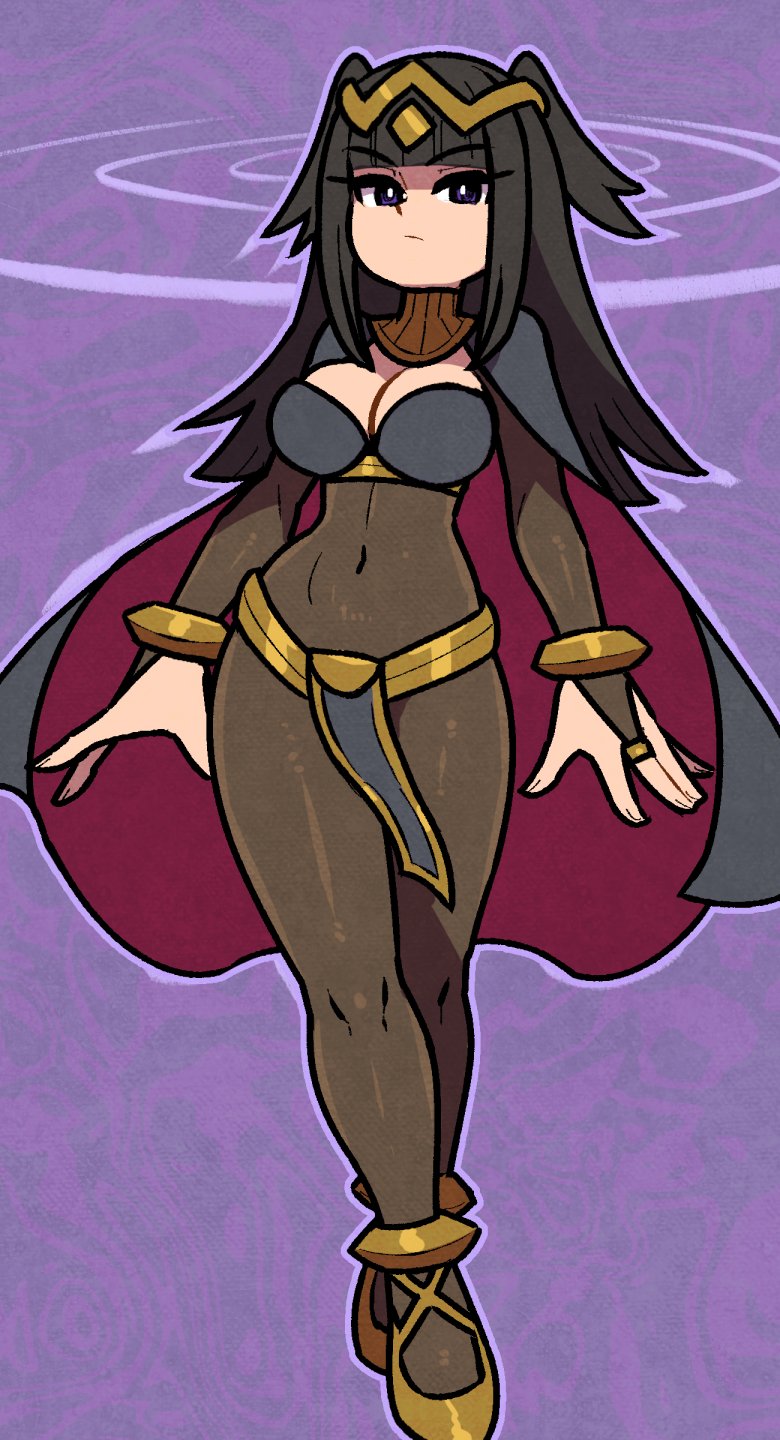 1girl akairiot black_hair blunt_bangs bodystocking bodysuit bracelet breasts bridal_gauntlets cape circlet covered_navel english_commentary fire_emblem fire_emblem_awakening full_body highres jewelry long_hair looking_at_viewer medium_breasts purple_eyes skin_tight solo standing tharja_(fire_emblem) tiara two-tone_cape two_side_up