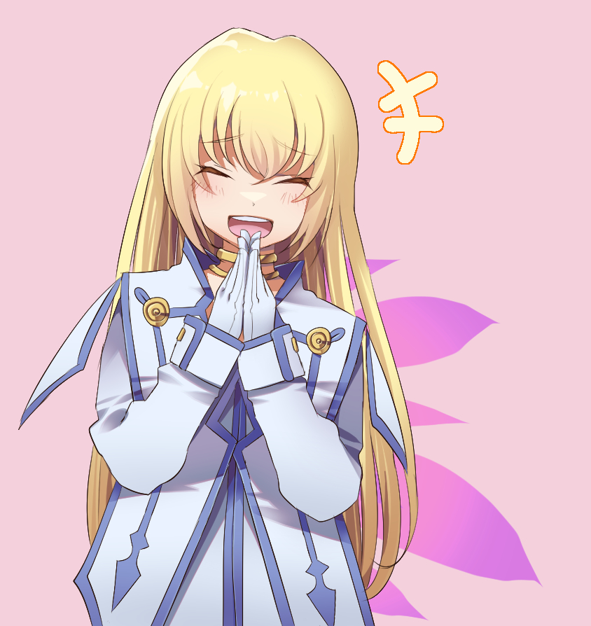 +++ 1girl blonde_hair blush choker closed_eyes colette_brunel dress gloves hair_between_eyes jewelry long_hair long_sleeves mi_be35_(mirin) open_mouth own_hands_together pink_background simple_background smile solo tales_of_(series) tales_of_symphonia white_dress white_gloves wings