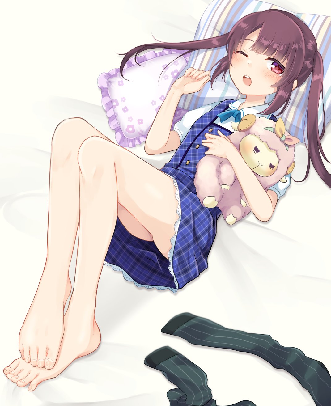 1girl bare_legs barefoot bed_sheet blue_dress blue_neckerchief blush collared_shirt commission dress feet full_body hand_up highres kneehighs_removed knees_up lace_trim legs legs_together legwear_removed long_hair looking_at_viewer lying neckerchief on_back ongeki open_mouth pillow plaid plaid_dress puffy_short_sleeves puffy_sleeves purple_eyes purple_hair shinonome_tsumugi shiny shiny_hair shiny_skin shirt short_sleeves skeb_commission sleeveless sleeveless_dress socks solo striped striped_socks stuffed_animal stuffed_sheep stuffed_toy thighs tkd_dadada toes twintails upper_body vertical_stripes white_shirt