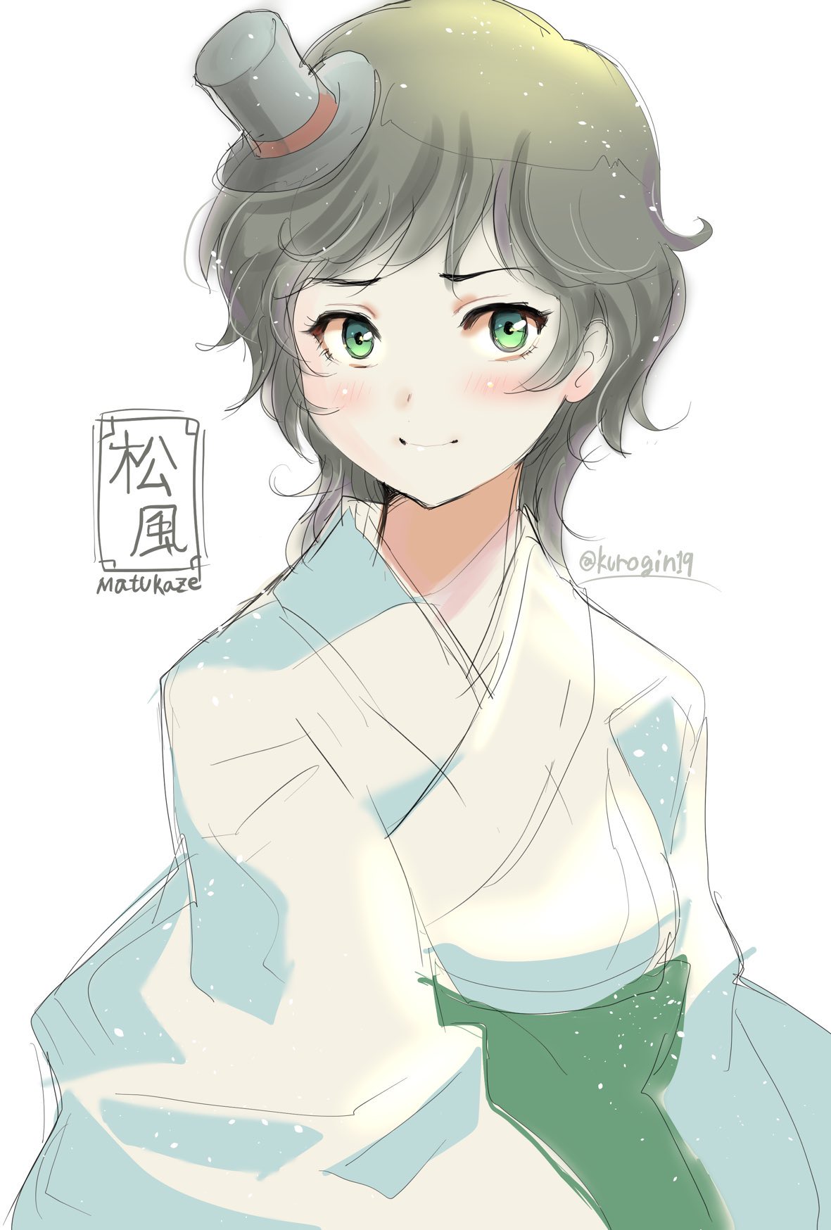 1girl black_hair character_name green_eyes green_hakama hakama hat highres japanese_clothes kantai_collection kimono kurogin19 matsukaze_(kancolle) meiji_schoolgirl_uniform mini_hat mini_top_hat one-hour_drawing_challenge short_hair solo swept_bangs top_hat twitter_username upper_body wavy_hair white_kimono