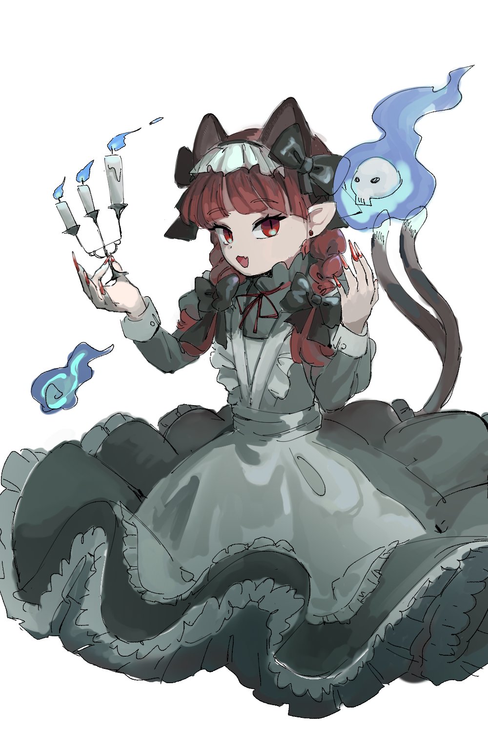1girl :d animal_ears apron black_bow blue_fire bow braid candle candlestand cat_ears cat_girl dress earrings fire frilled_dress frills grey_dress hair_bow highres holding jewelry kaenbyou_rin long_hair looking_at_viewer neck_ribbon open_mouth pointy_ears red_eyes red_hair red_ribbon ribbon simple_background sketch skull slit_pupils smile solo stud_earrings touco_to touhou twin_braids white_apron white_background