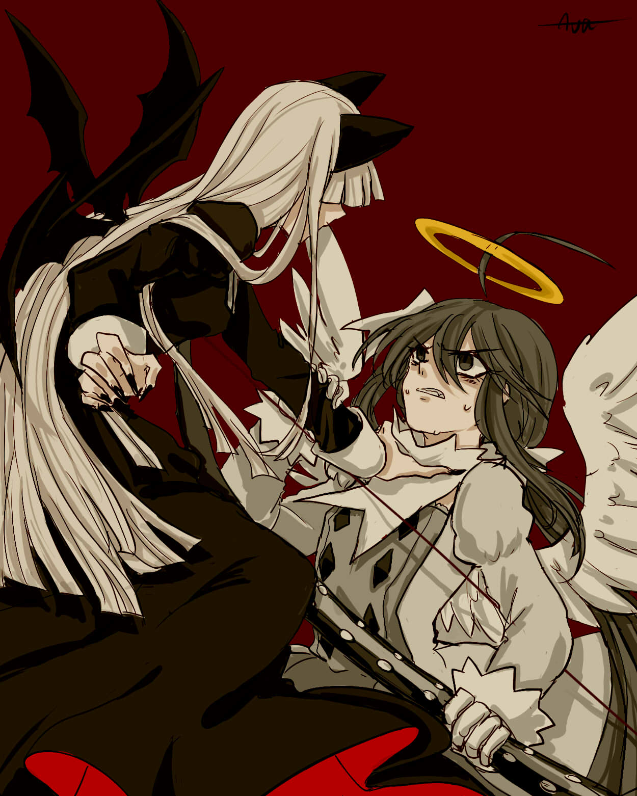 2girls alela_grora angel ater avo_(vagodieter) black_dress demon demon_girl dress funamusea haiiro_teien highres long_hair looking_at_another looking_at_viewer multiple_girls strangling very_long_hair white_hair