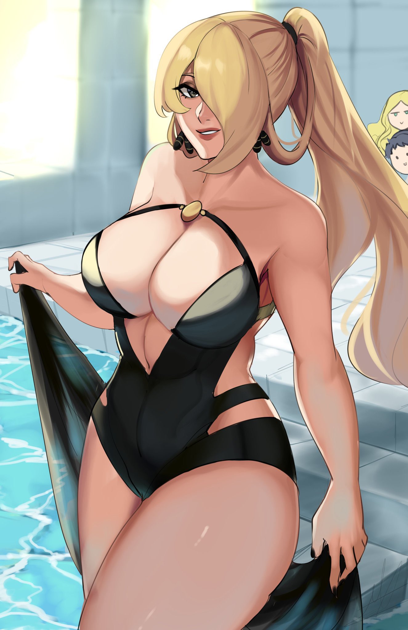 3girls bare_shoulders black_nails blonde_hair breasts caitlin_(pokemon) chibi cleavage cynthia_(pokemon) earrings high_ponytail highleg highleg_swimsuit highres hip_vent jewelry large_breasts long_hair looking_at_viewer michael_lavacca multiple_girls navel one-piece_swimsuit pokemon pokemon_bw pokemon_dppt pokemon_xy pool strapless swimsuit