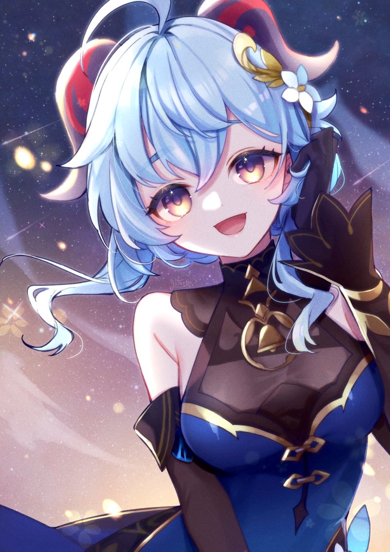 1girl ahoge bare_shoulders bell black_dress black_gloves blue_dress blue_hair breasts detached_sleeves dress ganyu_(genshin_impact) ganyu_(twilight_blossom)_(genshin_impact) genshin_impact gloves gold_trim hair_ornament horns long_hair long_sleeves looking_at_viewer medium_breasts neck_bell official_alternate_costume official_alternate_hairstyle purple_eyes rin_gotarou smile solo upper_body