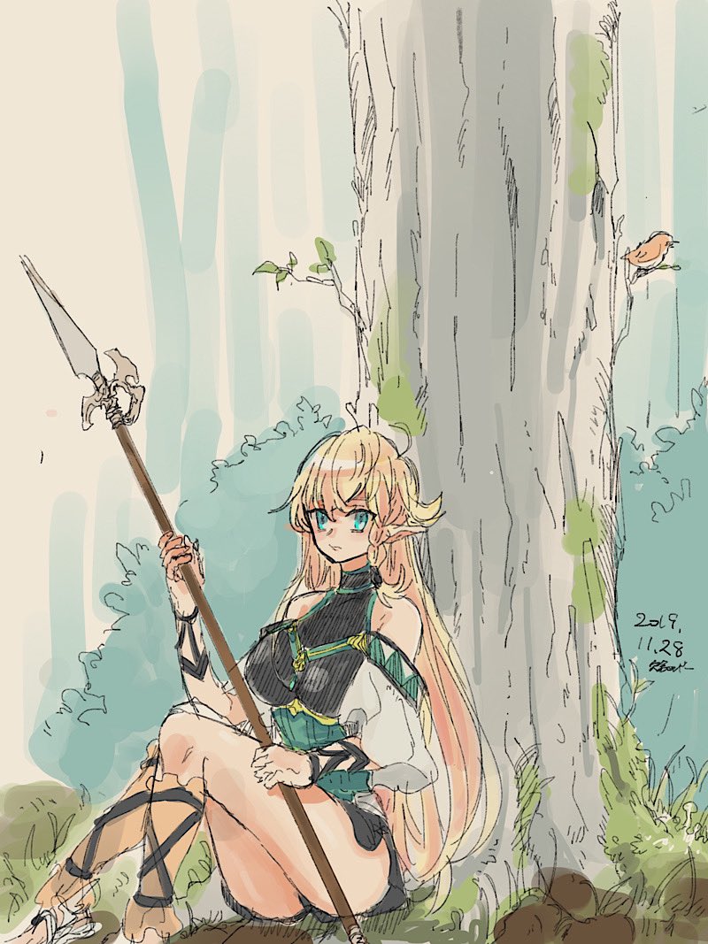 1girl against_tree bird blonde_hair breasts claudia_(shishiseed) elf forest grass green_eyes holding holding_polearm holding_weapon large_breasts long_hair nature original outdoors pointy_ears polearm shishiseed solo tree very_long_hair weapon