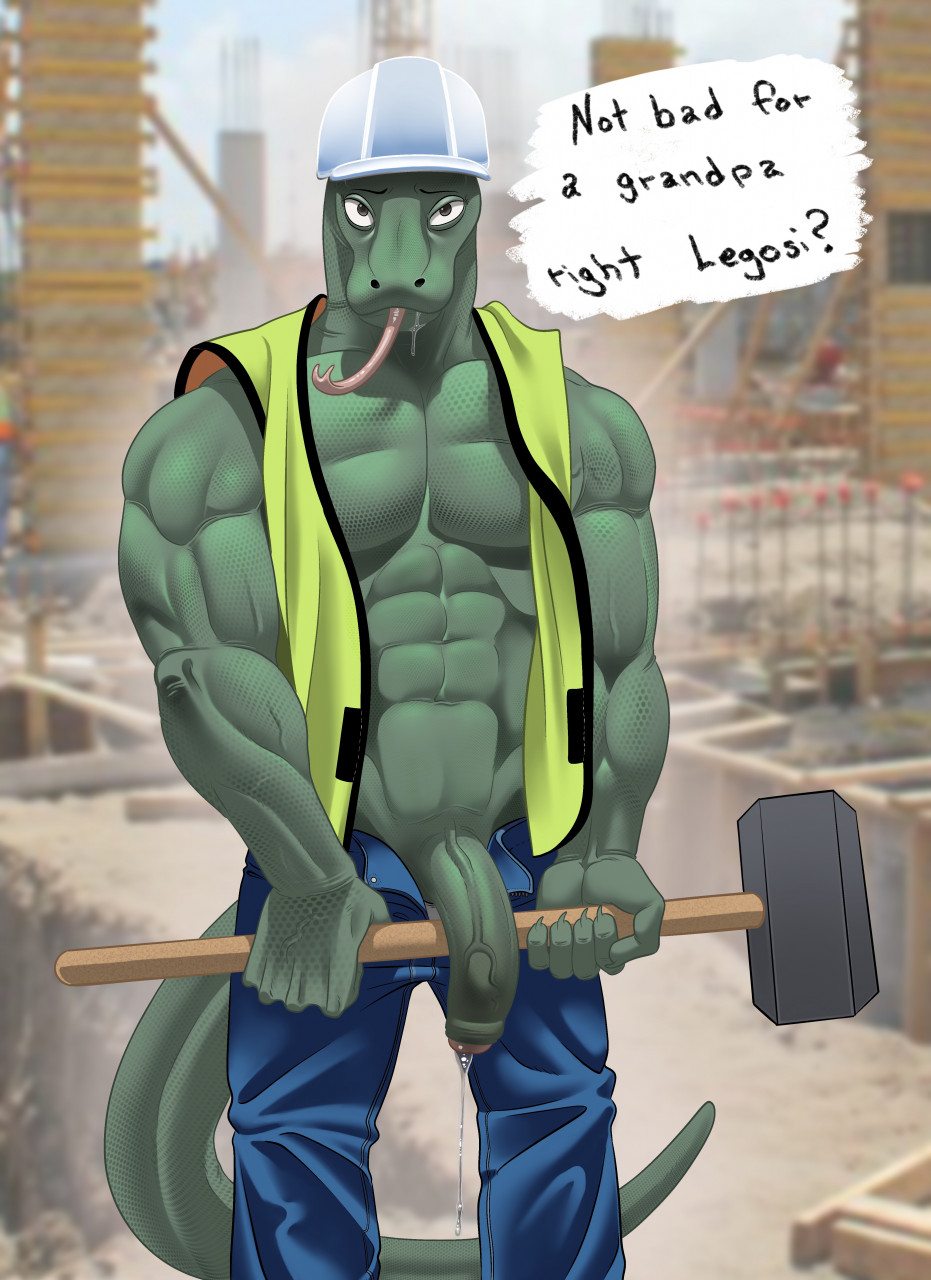 abs anthro armor beastars bodily_fluids clothed clothing genital_fluids gosha_(beastars) hammer headgear helmet hi_res komodo_dragon leaking_precum lizard male monitor_lizard muscular muscular_anthro muscular_male partially_clothed pecs precum reptile scales scalie solo tools tush vein