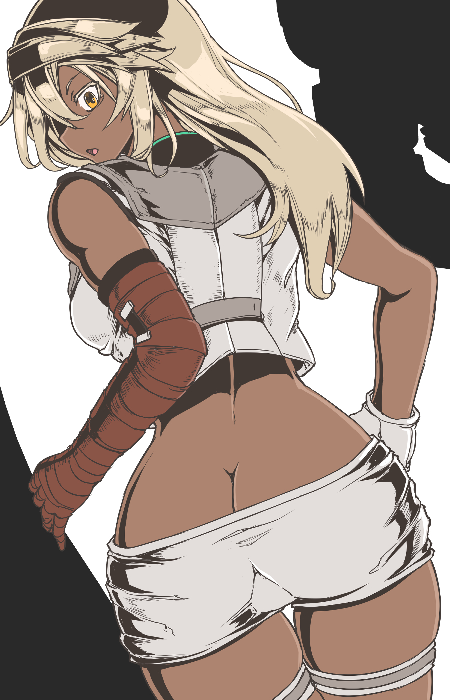 1girl :o butt_crack commentary commentary_request crop_top dark-skinned_female dark_skin english_commentary from_behind guilty_gear highres long_hair mixed-language_commentary open_mouth posty_postino ramlethal_valentine short_shorts shorts solo thigh_gap white_background white_hair white_shorts yellow_eyes