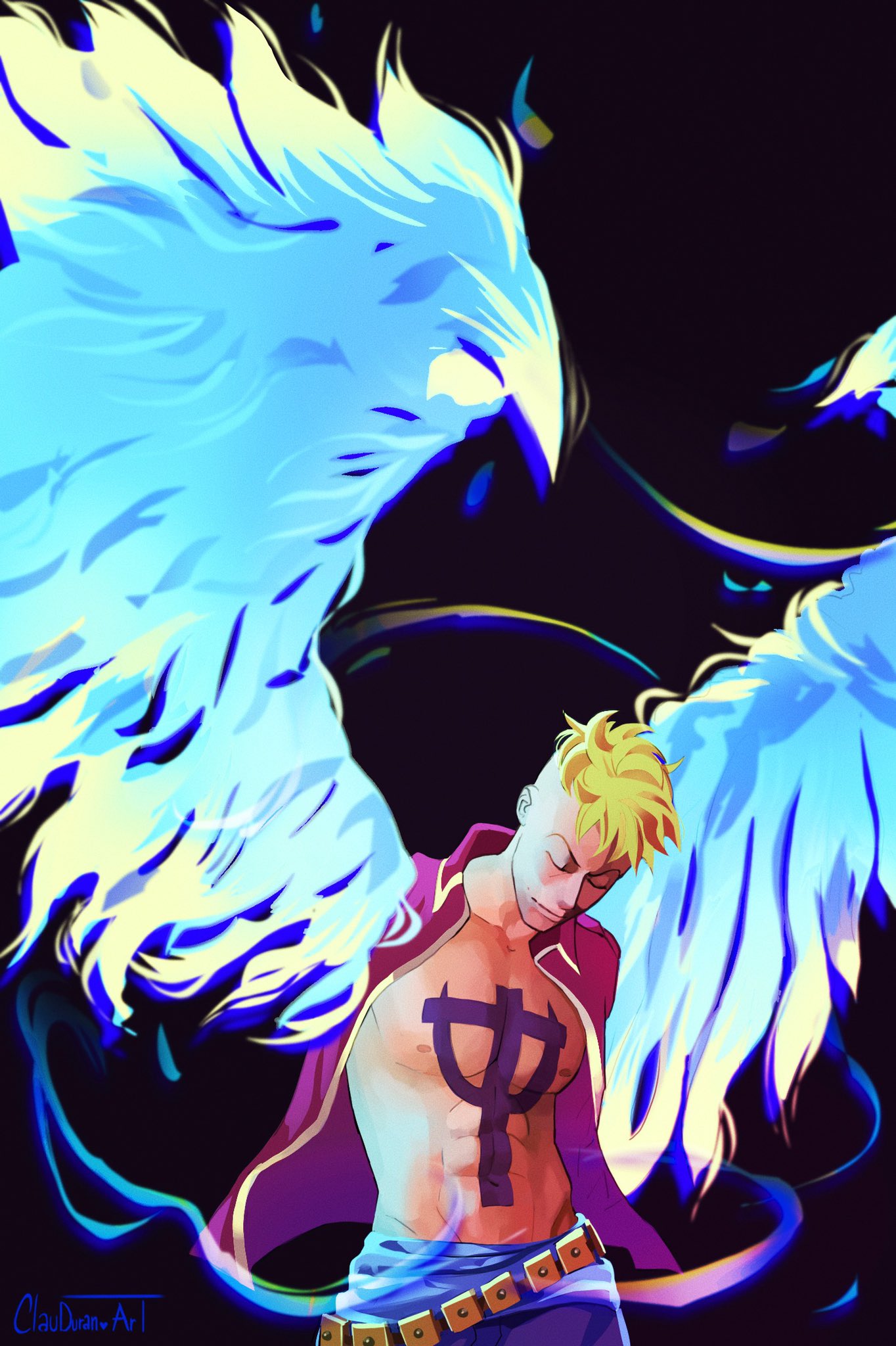 1boy artist_name belt black_background blonde_hair blue_wings chest_tattoo clauduranart closed_eyes collared_shirt cowboy_shot english_commentary highres male_focus marco_(one_piece) one_piece open_clothes open_shirt purple_shirt shirt short_hair solo tattoo upper_body wings