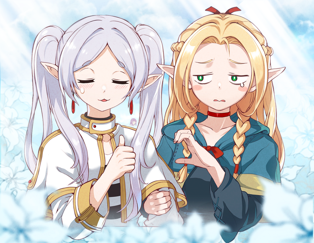 2girls :3 armcho blonde_hair blurry blush_stickers braid capelet closed_eyes cloud crossover depth_of_field dungeon_meshi earrings elf flower frieren green_eyes heart_hands_failure jewelry marcille_donato multiple_girls pointy_ears sky sousou_no_frieren tearing_up thumbs_up twin_braids twintails upper_body