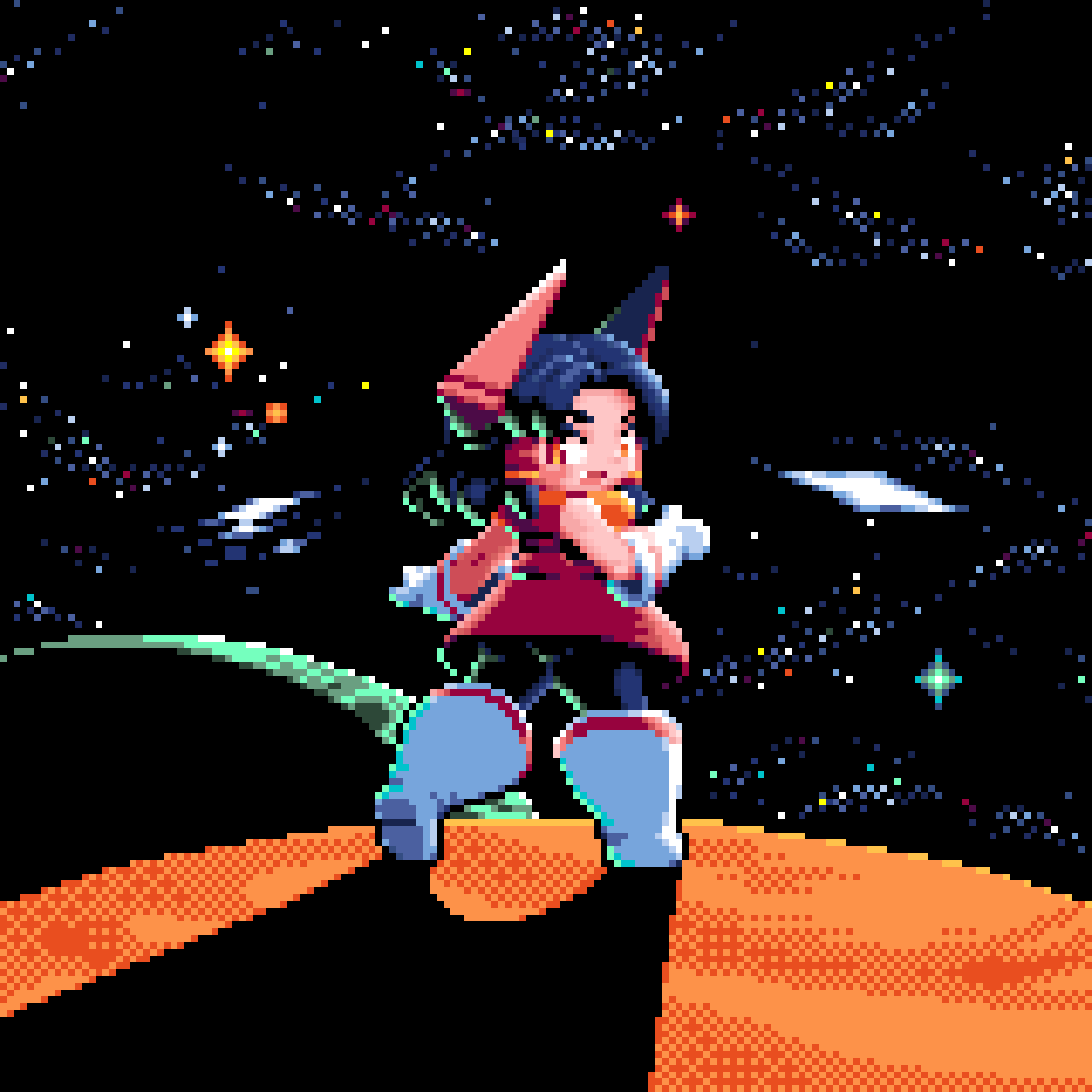 1girl absurdres alternate_costume benikurage_(cookie) black_hair black_pants brown_eyes commentary_request cookie_(touhou) fang from_behind full_body galaxy gloves hair_tubes hakurei_reimu headgear highres looking_at_viewer looking_back open_mouth pants parted_bangs pixel_art planet red_shirt shirt sky sleeveless sleeveless_shirt smile solo space standing star_(sky) starry_sky tonchamon_san touhou white_footwear white_gloves