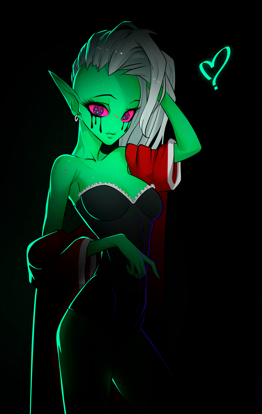 2019 alien alien_humanoid breasts clothed clothing disney ear_piercing ear_ring eyebrows eyelashes female fingers freckles green_body green_skin hair hi_res humanoid humanoid_pointy_ears johnfoxart long_hair looking_at_viewer lord_dominator piercing pink_sclera portrait pupils ring_piercing robe solo standing three-quarter_portrait unusual_pupils wander_over_yonder white_hair