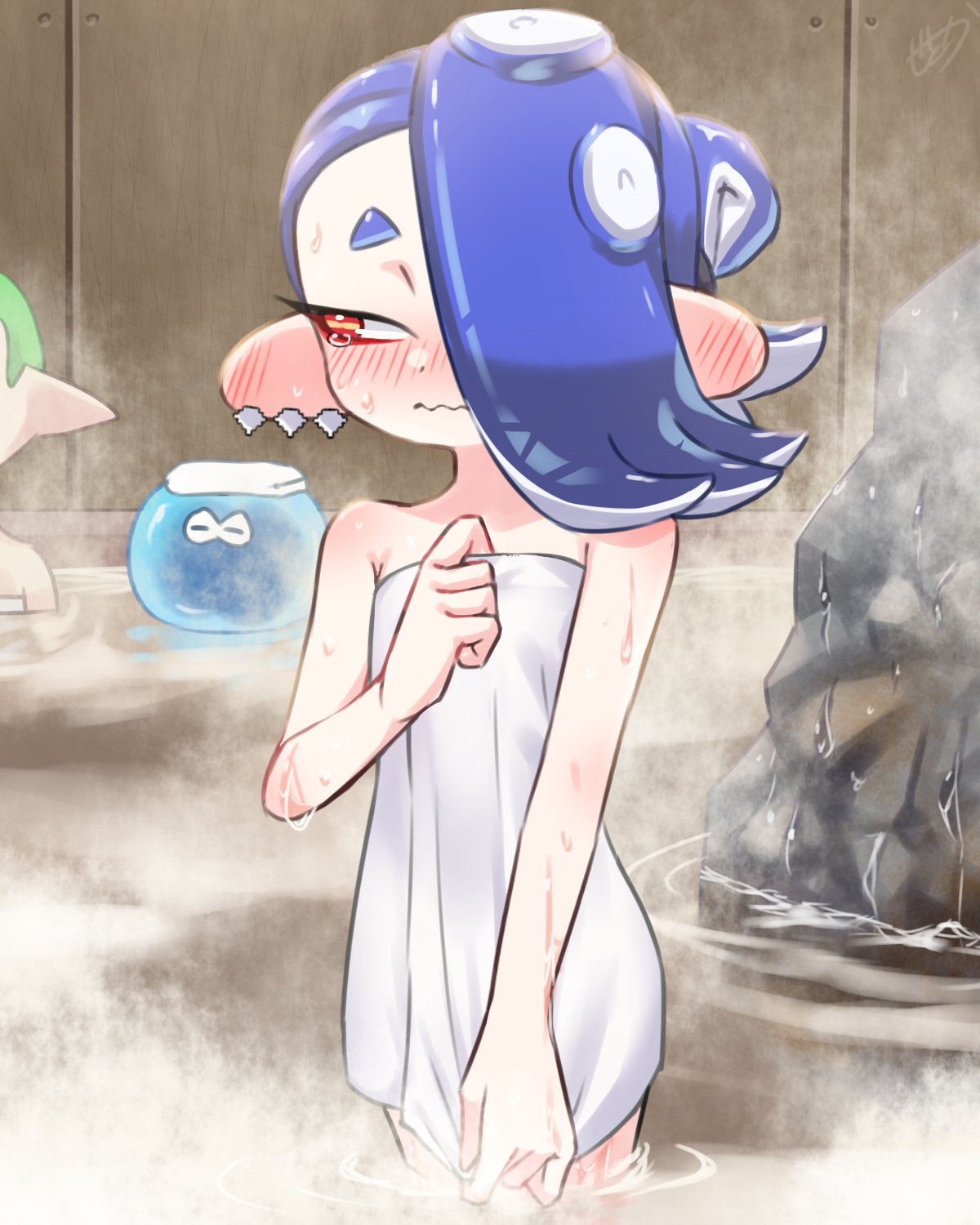 1girl 1other amakusa_setoka bare_shoulders blue_hair blush cephalopod_eyes closed_mouth commentary_request embarrassed eyelashes hair_over_one_eye highres jellyfish_(splatoon) medium_hair octoling onsen red_eyes red_pupils rock shiver_(splatoon) splatoon_(series) standing tears tentacle_hair thick_eyebrows tooth_earrings wavy_mouth wet white_towel