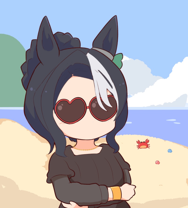 animal animal_ears arm_across_chest beach black_dress black_hair blue_sky braid breasts chibi cloud crab day dress forehead gomashio_(goma_feet) grey_hair heart heart-shaped_eyewear horizon horse_ears layered_sleeves long_sleeves medium_breasts mejiro_ramonu_(umamusume) multicolored_hair ocean outdoors parted_bangs red-tinted_eyewear sand seashell shell short_over_long_sleeves short_sleeves sidelocks sky sunglasses tinted_eyewear two-tone_hair umamusume water