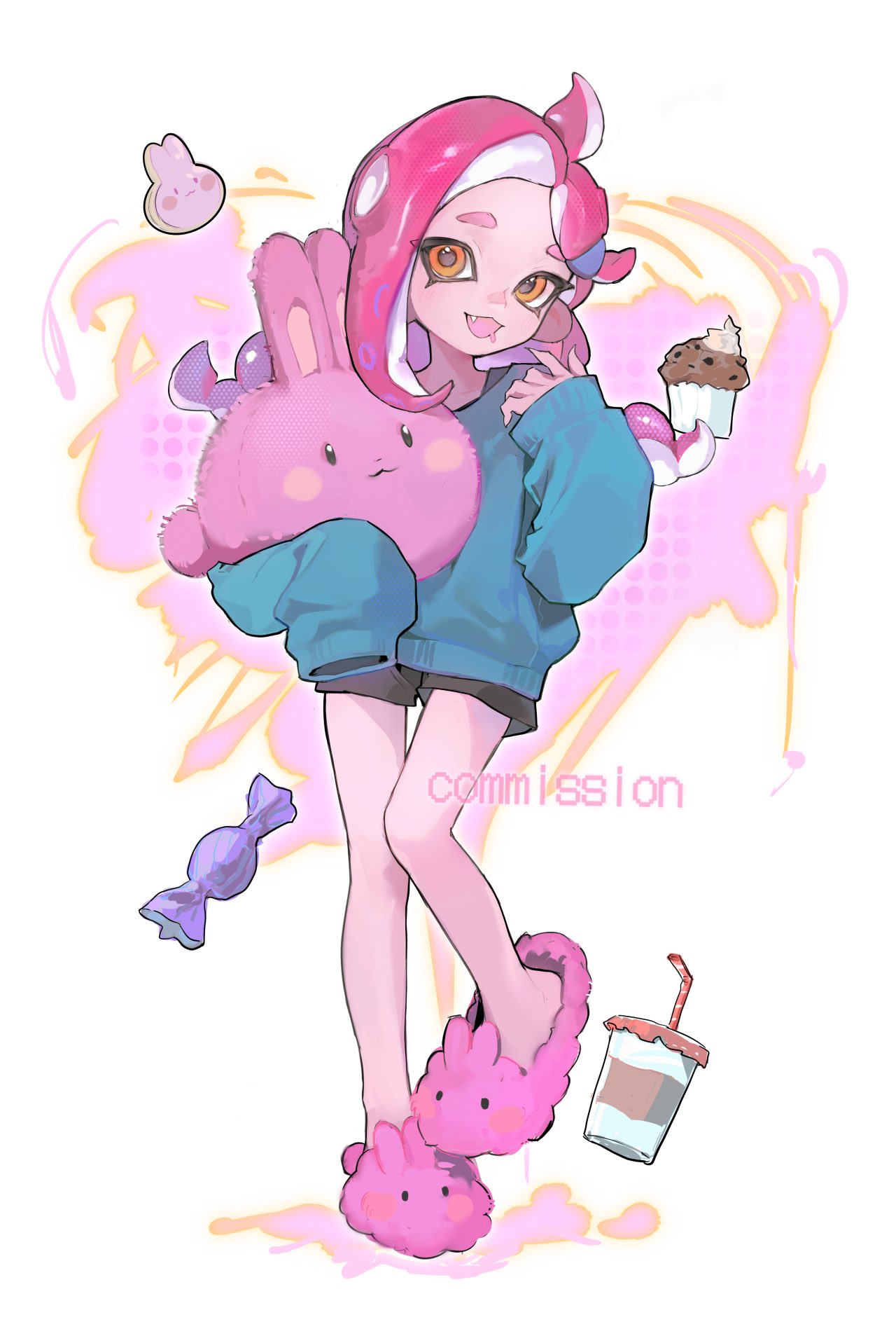 1girl :d animal_slippers baggy_clothes black_shorts blue_sweater bra_strap braid c0_mai candy_wrapper commission cookie cup cupcake drinking_straw drooling fang food full_body hair_tie highres holding holding_stuffed_toy long_hair octoling octoling_girl octoling_player_character orange_eyes pink_footwear pink_hair shorts sleeves_past_fingers sleeves_past_wrists slippers smile solo splatoon_(series) standing standing_on_one_leg stuffed_animal stuffed_rabbit stuffed_toy suction_cups sweater tentacle_hair twin_braids white_background