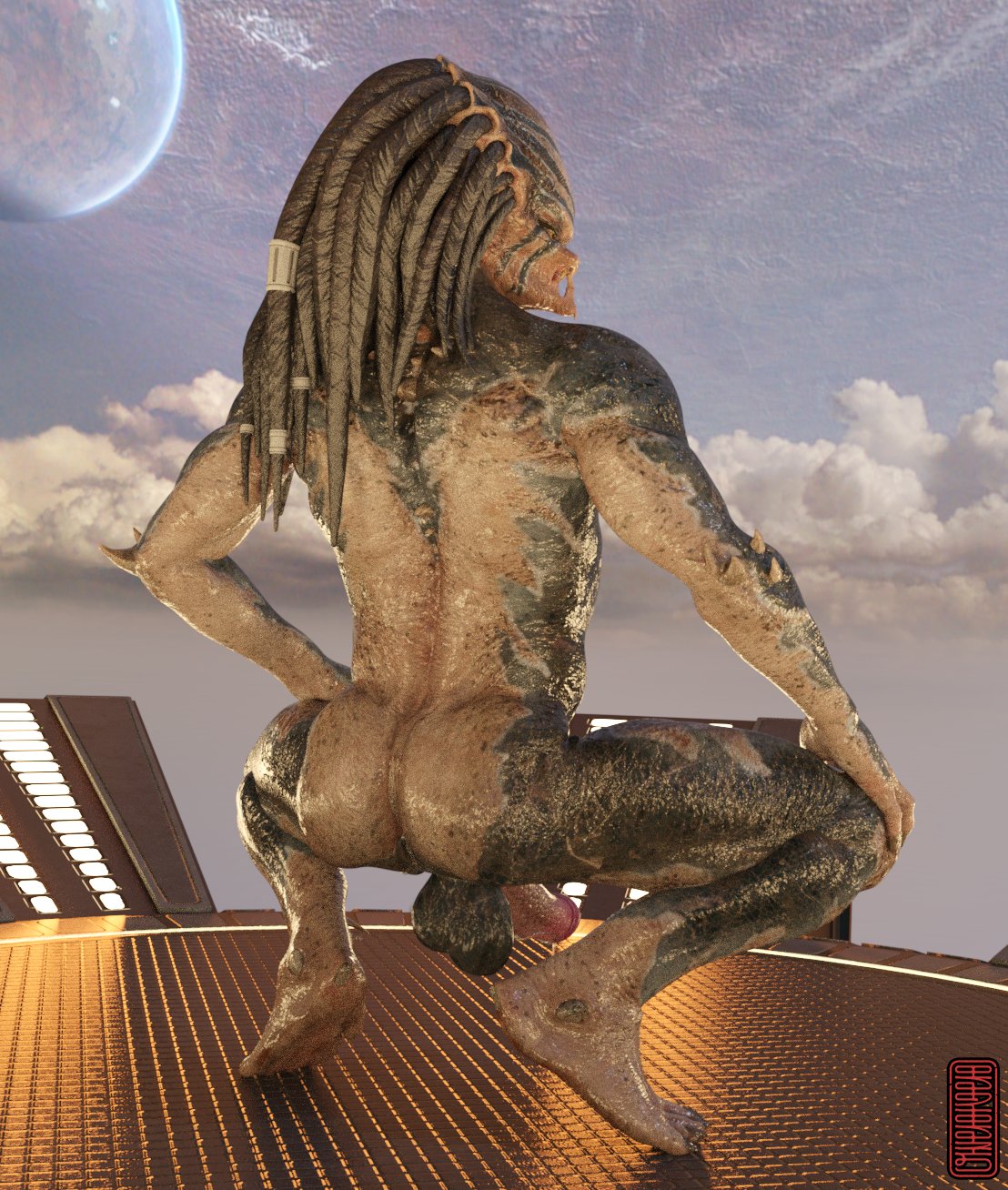 2022 3d_(artwork) balls blender_(software) butt digital_media_(artwork) dreadlocks genitals hi_res humanoid looking_back male nude outside predator_(franchise) presenting rear_view solo tagme ugnaughtsden yautja