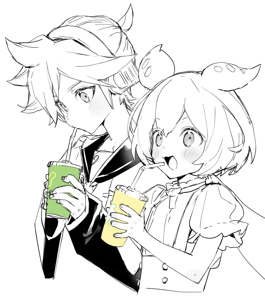 1boy 1girl :3 animal_ears black_sailor_collar black_sleeves cup drinking_straw drinking_straw_in_mouth headphones holding holding_cup kagamine_len light_blush long_hair looking_at_object low_ponytail messy_hair monochrome naoko_(naonocoto) open_mouth puffy_short_sleeves puffy_sleeves sailor_collar shirt short_hair short_ponytail short_sleeves simple_background vocaloid voicevox white_background zundamon