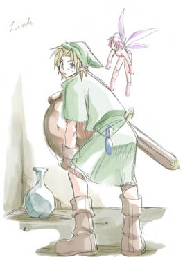 1boy 1girl bad_id blonde_hair blue_eyes boots brown_footwear brown_gloves carrying character_name character_request expressionless fairy fairy_wings gloves green_headwear green_tunic hat holding holding_jar indoors jar link looking_back lowres pink_footwear pink_gloves pink_hair pink_shirt rendezvous scabbard sheath shirt short_hair sword the_legend_of_zelda weapon wings