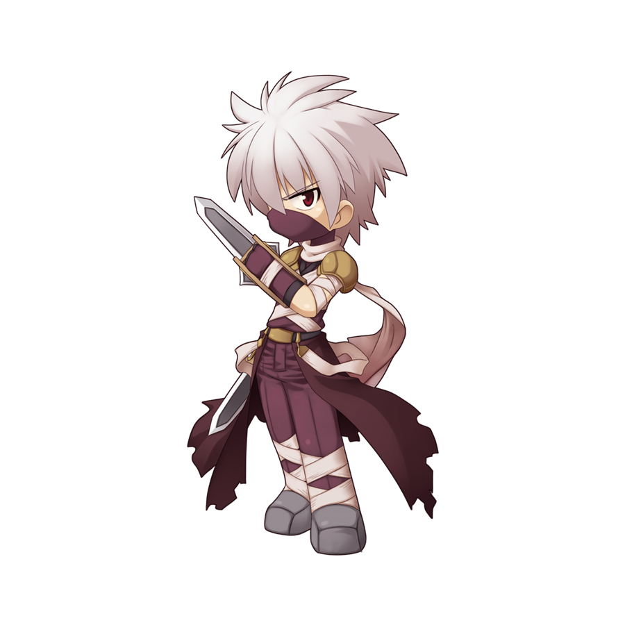 1boy armor assassin_(ragnarok_online) bandages brown_cape brown_pants brown_shirt cape chibi dagger dual_wielding full_body grey_footwear grey_hair hair_between_eyes holding holding_dagger holding_knife holding_weapon jamadhar knife long_bangs looking_at_viewer male_focus mask mouth_mask ninja_mask official_art pants pauldrons ragnarok_online red_eyes scarf shirt shoes short_hair shoulder_armor simple_background sleeveless sleeveless_shirt solo spiked_hair standing tachi-e torn_cape torn_clothes torn_scarf transparent_background waist_cape weapon white_scarf yuichirou