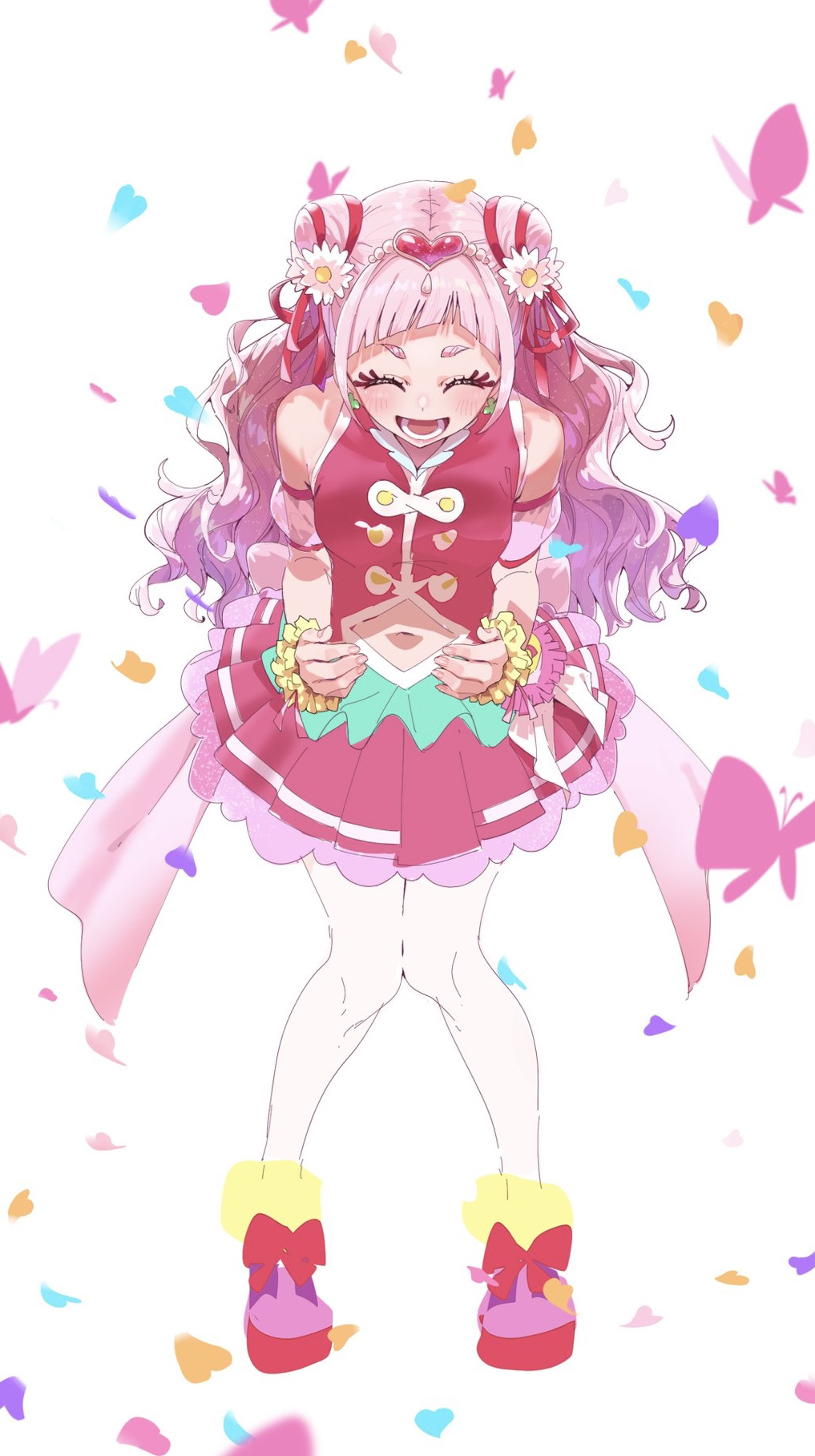 1girl back_bow bow breasts bug butterfly clover_earrings cone_hair_bun cure_yell earrings flower full_body gradient_background hair_bun hair_flower hair_ornament hair_ribbon heart heart_hair_ornament heart_pouch highres hugtto!_precure jewelry layered_skirt long_hair magical_girl navel nono_hana open_mouth pink_hair pink_shirt pink_skirt precure ribbon shirt skirt small_breasts smile solo thick_eyelashes thighhighs tsukuda_hayato waist_brooch white_background