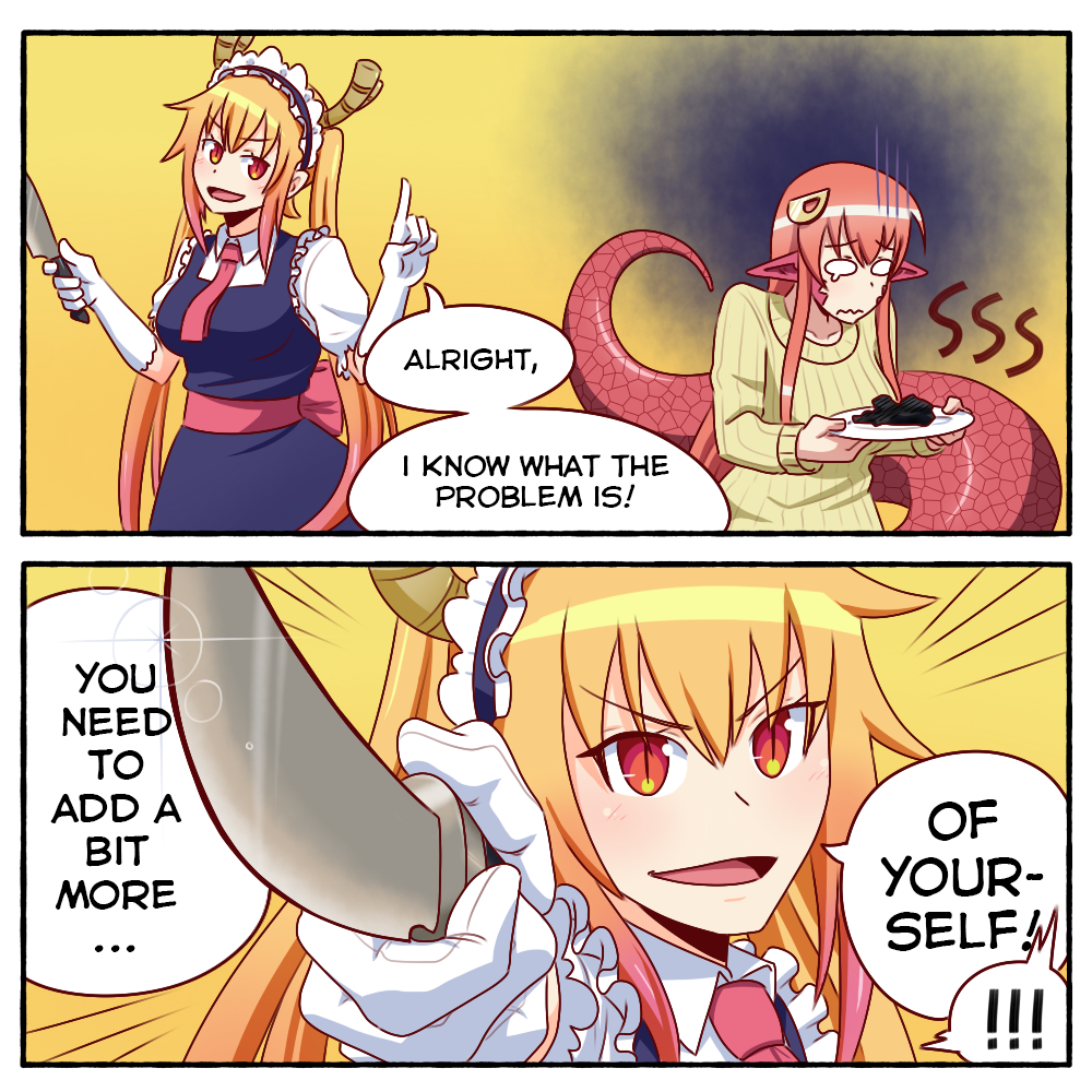 2girls blonde_hair commentary crossover dot_nose dragon_girl dragon_horns elbow_gloves english_commentary english_text food gloves gradient_hair hair_ornament hairclip holding holding_knife holding_plate horns knife kobayashi-san_chi_no_maidragon lamia long_hair long_sleeves maid maid_headdress miia_(monster_musume) monmusu monster monster_girl multicolored_hair multiple_girls necktie orange_eyes plate pointing_weapon pointy_ears puffy_short_sleeves puffy_sleeves purple_hair red_hair red_necktie shirt short_sleeves silent-shanin snake_tail speech_bubble sweater tail tohru_(maidragon) very_long_hair white_gloves white_shirt wide_oval_eyes yellow_background yellow_sweater