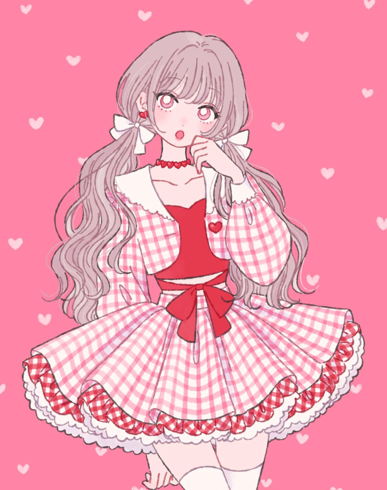 1girl :o blush bow choker cowboy_shot earrings frills grey_hair hair_bow heart heart_earrings highres jacket jewelry long_hair long_sleeves looking_at_viewer low_twintails open_mouth original pink_background pink_eyes pink_shirt pink_theme plaid plaid_skirt red_choker red_shirt ribbon rikuwo shirt skirt solo thighhighs twintails wavy_hair white_thighhighs zettai_ryouiki