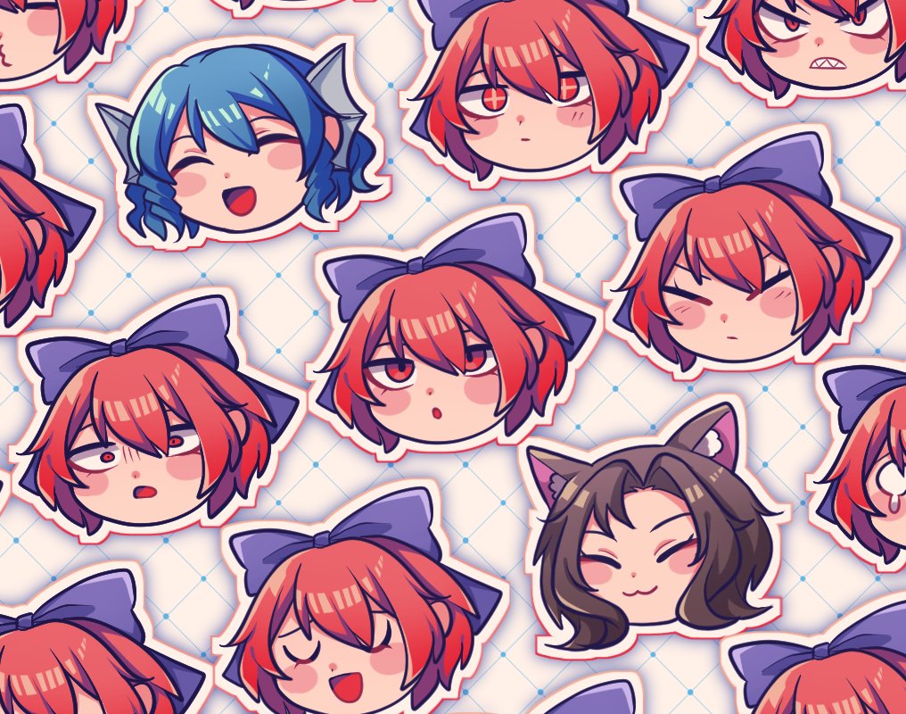 +_+ 1jumangoku 6+girls :o ^_^ animal_ear_fluff animal_ears argyle_background blue_hair blush_stickers bow brown_hair clenched_teeth closed_eyes closed_mouth expressionless eyelashes fins frown hair_bow head_fins head_only imaizumi_kagerou light_frown multiple_girls open_mouth outline purple_bow red_eyes red_hair sekibanki sekibanki_day sharp_teeth short_hair simple_background smile sparkling_eyes teeth touhou v-shaped_eyes wakasagihime white_background white_outline wide-eyed wolf_ears