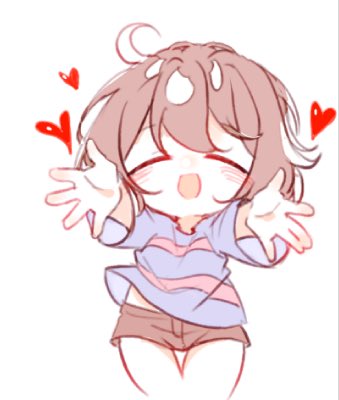 1other ahoge androgynous black_shorts blue_shirt blue_sleeves blush_stickers bored closed_eyes commentary cowboy_shot denim denim_shorts frisk_(undertale) heart hikari_(hikaru0vo) long_sleeves lowres midriff open_mouth other_focus reaching reaching_towards_viewer shirt short_hair short_shorts shorts simple_background smile solo straight-on striped_clothes striped_shirt thighs undertale white_background