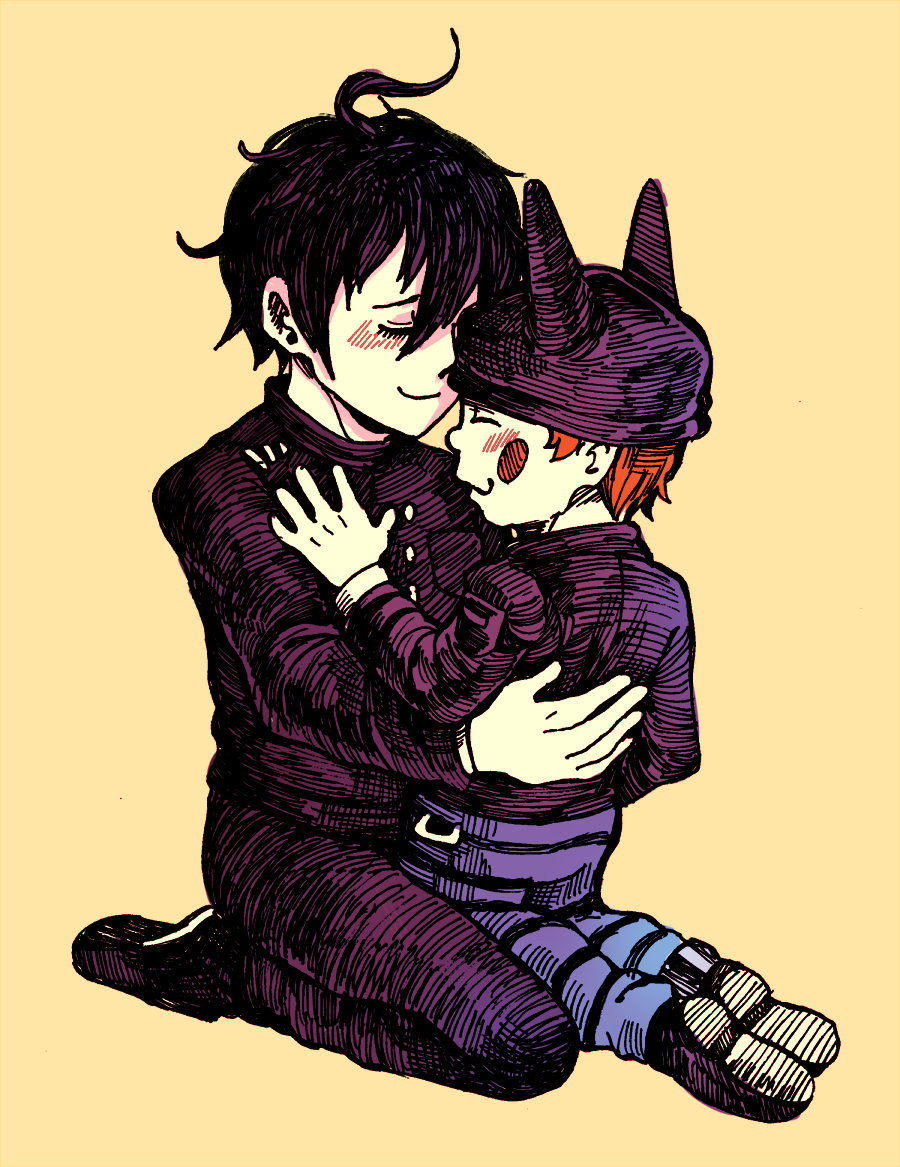 2boys ahoge animal_ear_headwear animal_ears arm_around_waist beanie belt_buckle black_footwear black_hair black_headwear black_jacket black_pants black_shirt black_sleeves blue_pants blush blush_stickers buckle buttons closed_eyes closed_mouth collared_shirt commentary crosshatching danganronpa_(series) danganronpa_v3:_killing_harmony english_commentary fake_animal_ears full_body hand_on_another's_back hand_on_another's_chest hat hatching_(texture) heads_together hoshi_ryoma hug jacket kneeling layered_sleeves leather leather_jacket loiodg long_sleeves male_focus multiple_boys orange_hair pants parted_lips pocket saihara_shuichi shirt shoes short_hair simple_background smile striped_clothes striped_pants yaoi yellow_background