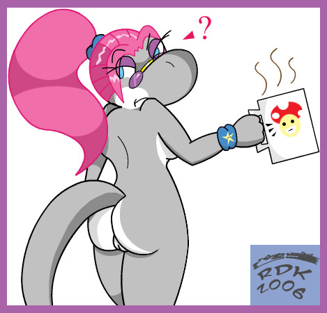 accessory anthro blue_eyes butt digital_media_(artwork) eyewear fan_character female genitals glasses hair hair_accessory looking_back low_res mario_bros mug nintendo nude pink_hair pussy reddragonkan scalie solo video_games wristband yoshi