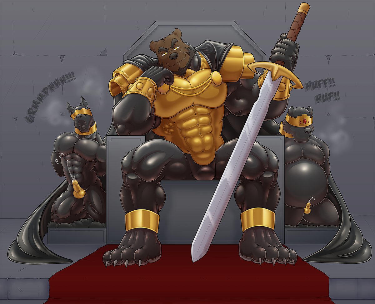 anthro beard big_muscles brown_bear clothing dominant dominant_male facial_hair group humiliation male male/male mammal manly muscular nero_(rubberbuns) royalty rubber rubber_clothing rubber_suit rubberbuns smile smirk trio ursid ursine zero_pictured