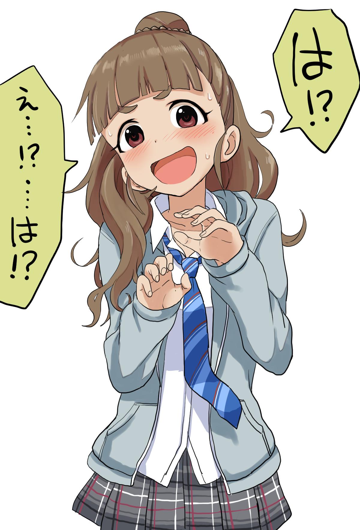 blue_jacket blue_necktie blunt_bangs blush breasts brown_eyes brown_hair collarbone dot_nose grey_skirt hair_bun hands_up highres idolmaster idolmaster_cinderella_girls idolmaster_cinderella_girls_starlight_stage jacket kamiya_nao long_hair looking_at_viewer medium_breasts necktie open_clothes open_jacket open_mouth plaid plaid_skirt pleated_skirt school_uniform shirt shy simple_background single_hair_bun skirt solo speech_bubble striped_necktie sweat thick_eyebrows white_background white_shirt yamamoto_souichirou