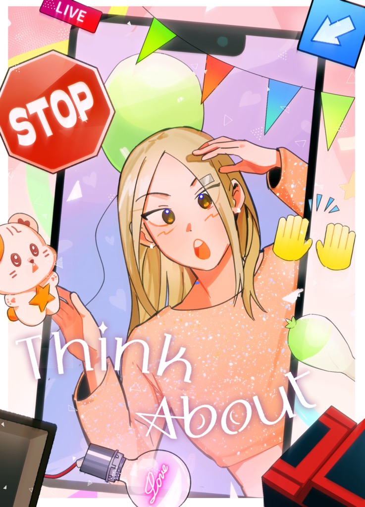 1girl :o animification arrow_(symbol) blonde_hair brown_eyes cellphone cropped_sweater hair_behind_ear k-pop light_bulb long_hair looking_at_viewer mai_su_su_yu mamamoo moonbyul_(mamamoo) open_mouth orange_sweater parted_bangs phone real_life road_sign shadow sign smartphone solo stop_sign sweater