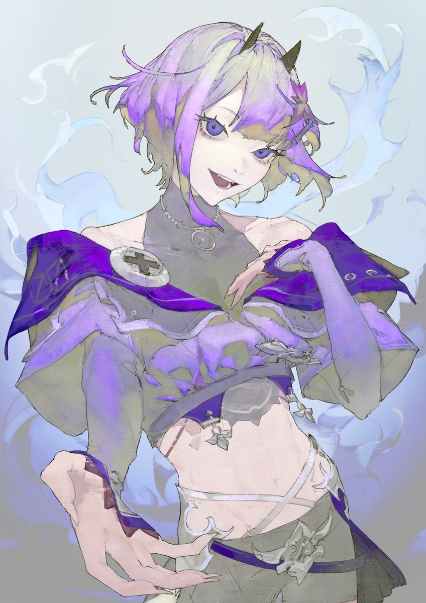 1girl bare_shoulders beckoning blue_eyes collarbone cowboy_shot crop_top fangs fingernails hair_bun highres horns indie_virtual_youtuber jacket jewelry looking_at_viewer mallllma midriff multicolored_background multicolored_hair navel necklace off_shoulder open_hand open_mouth purple_eyes purple_hair reaching reaching_towards_viewer short_hair shorts single_side_bun smile solo teeth whale_taylor