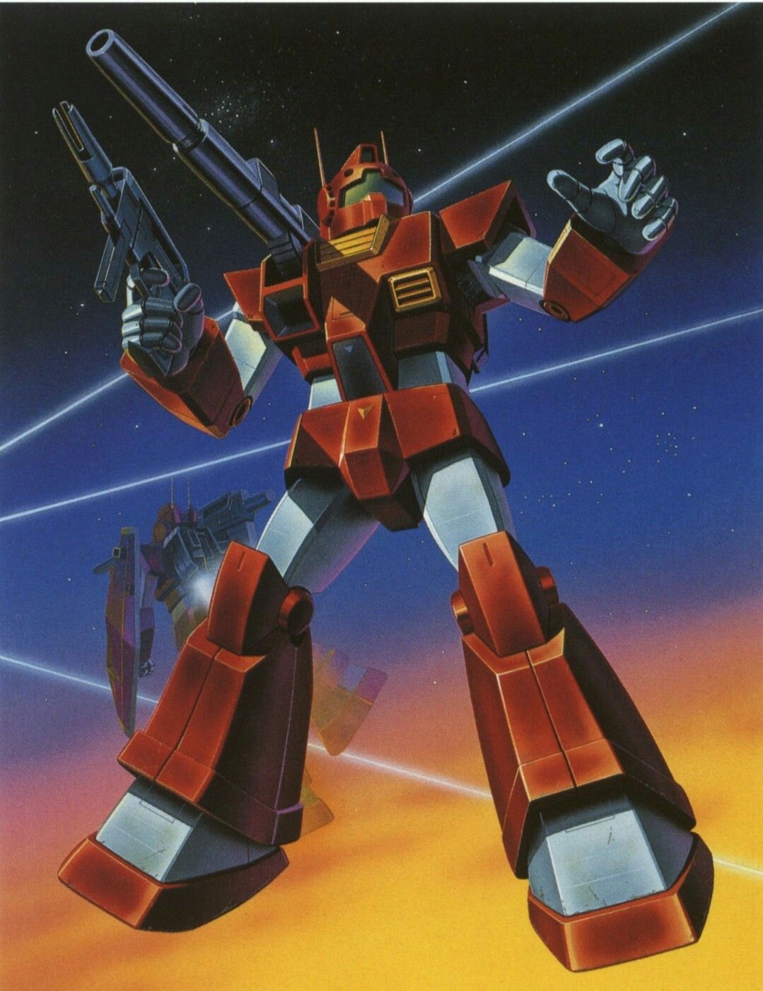 1980s_(style) artist_request battle beam_rifle box_art energy_beam energy_gun gm_(mobile_suit) gm_cannon gundam highres mecha nebula no_humans painting_(medium) radio_antenna retro_artstyle robot scan science_fiction shield shoulder_cannon space starry_background traditional_media weapon zeta_gundam